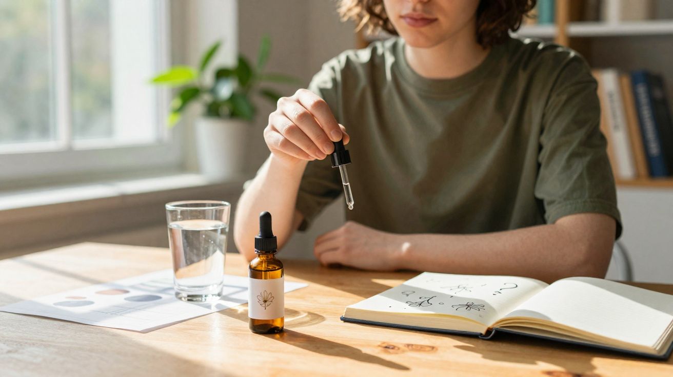 Pessoa a usar conta-gotas com frasco âmbar, caderno aberto e copo de água numa mesa junto a uma janela.