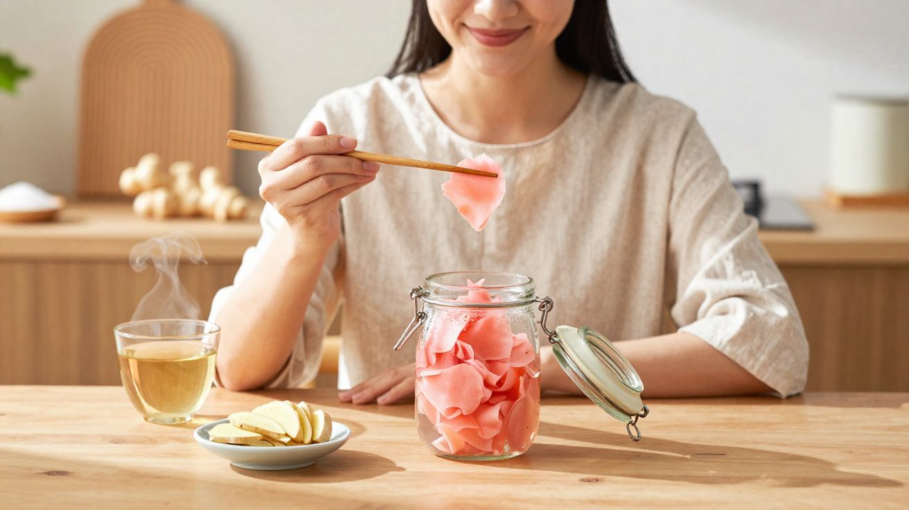 Pessoa a segurar fatia de gengibre em pauzinhos próximo a frasco com gengibre em conserva numa mesa.