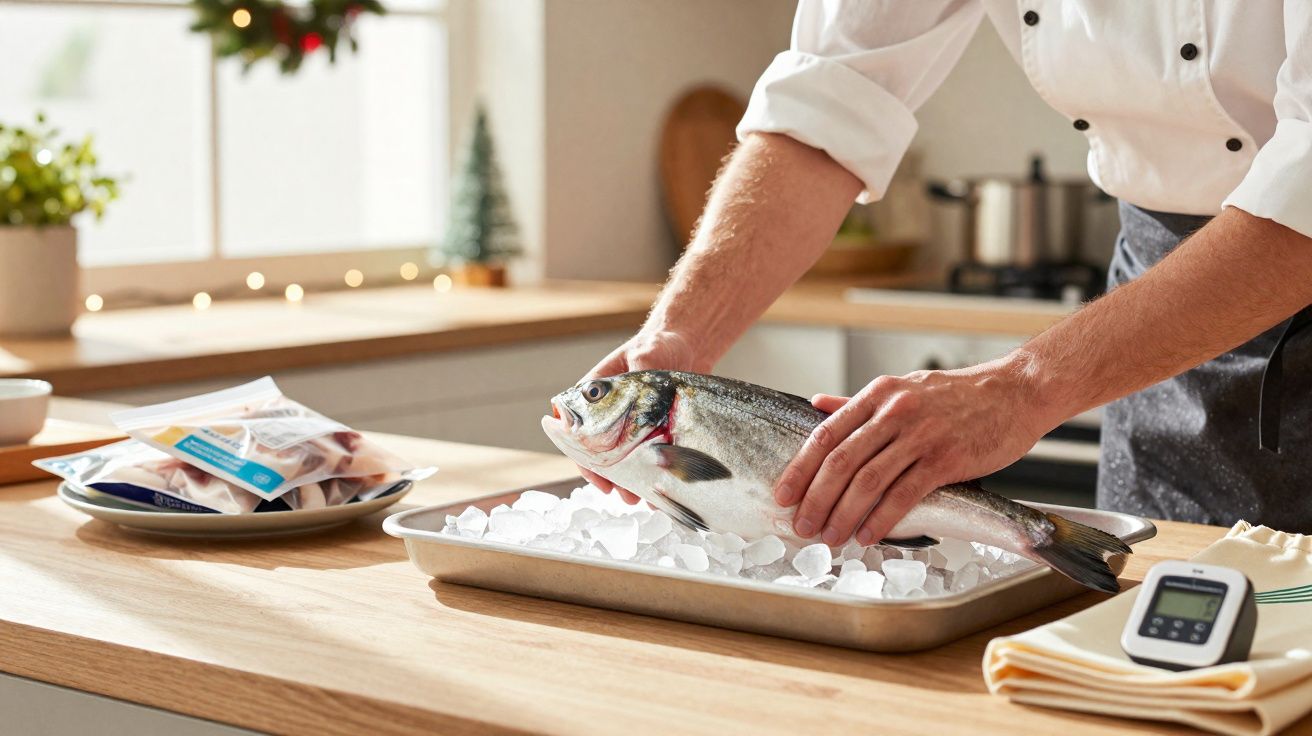 Homem a colocar peixe fresco sobre gelo numa tabuleiro numa cozinha luminosa e organizada.
