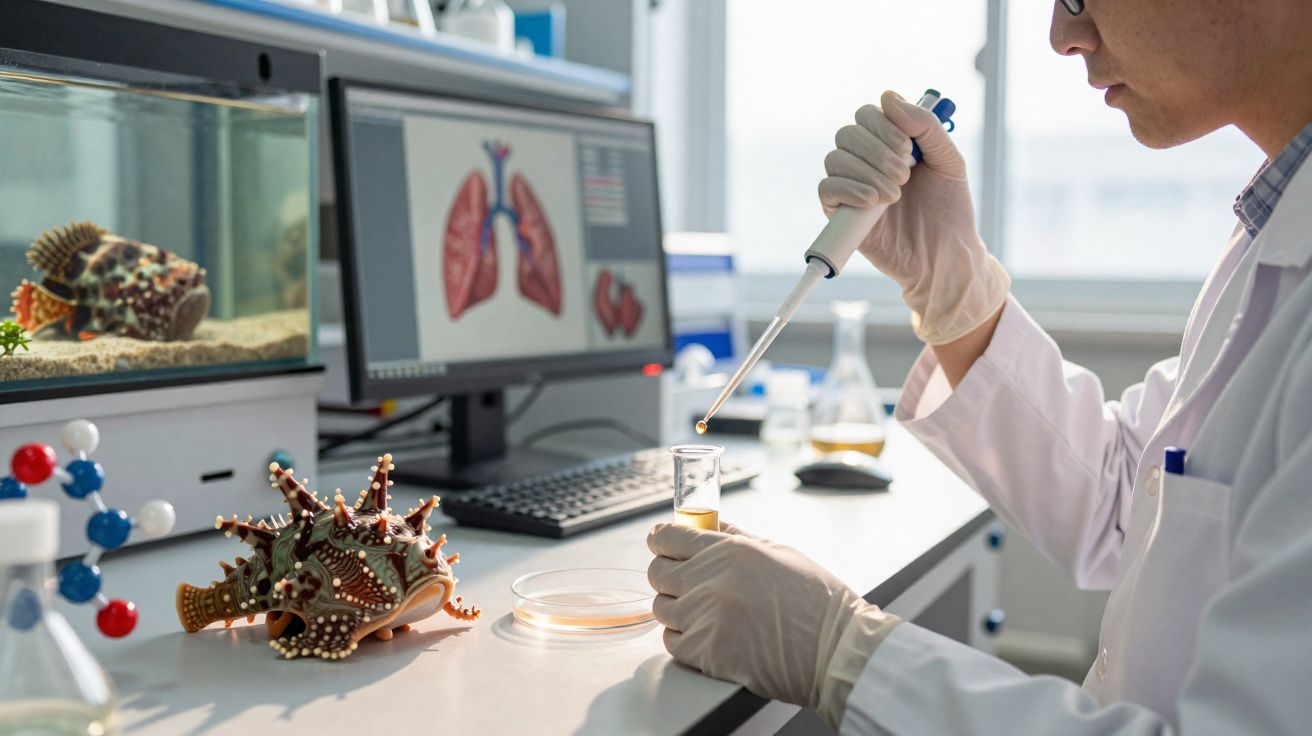 Cientista com bata e luvas a usar pipeta para laboratório com monitor de pulmões ao fundo.