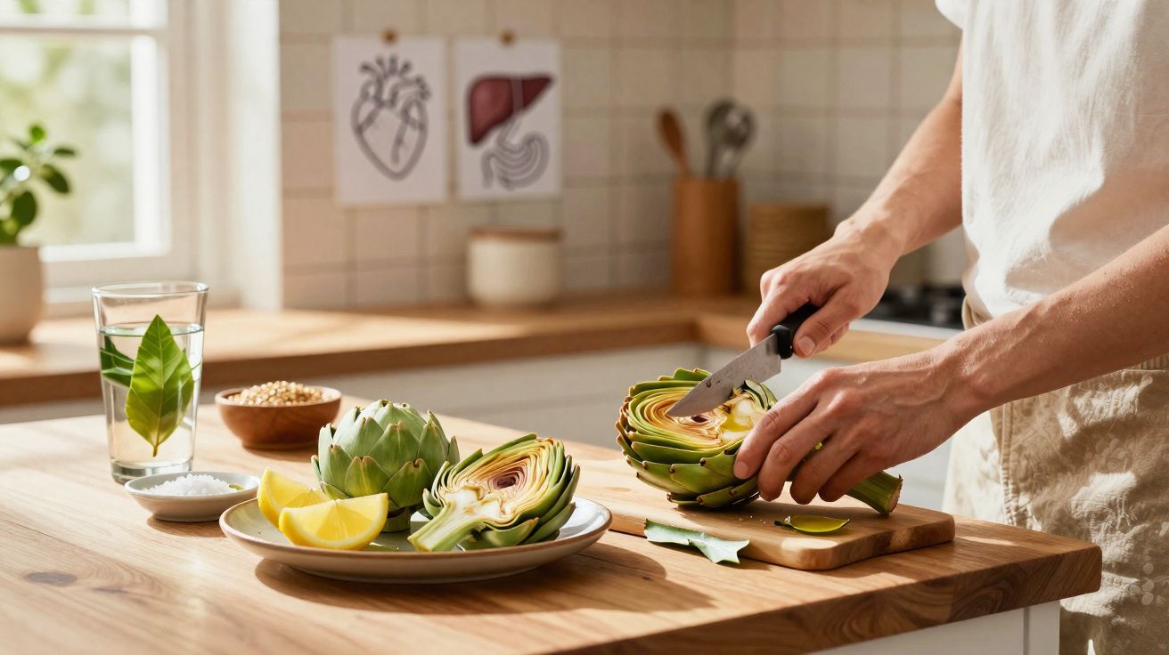 Pessoa a cortar alcachofras frescas numa cozinha com ingredientes e desenhos anatómicos ao fundo.