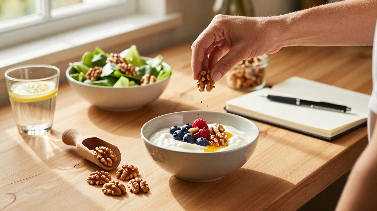 Mão a polvilhar nozes em iogurte com frutas, ao lado de salada, água com limão e caderno numa mesa de madeira.