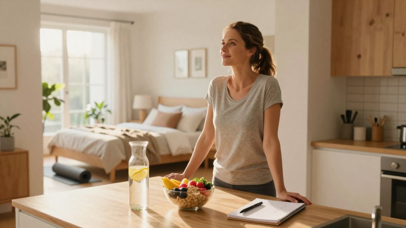 Mulher olhando pela janela numa cozinha iluminada, com jarra de água, frutas e caderno na bancada.