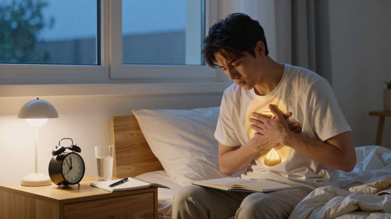 Homem sentado na cama com expressão de dor no peito, segurando um coração brilhante no quarto à noite.
