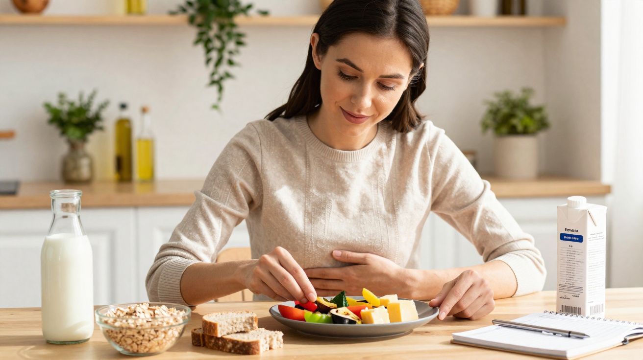 Mulher sentada à mesa a preparar uma salada com legumes e queijo, rodeada de alimentos e bloco de notas.