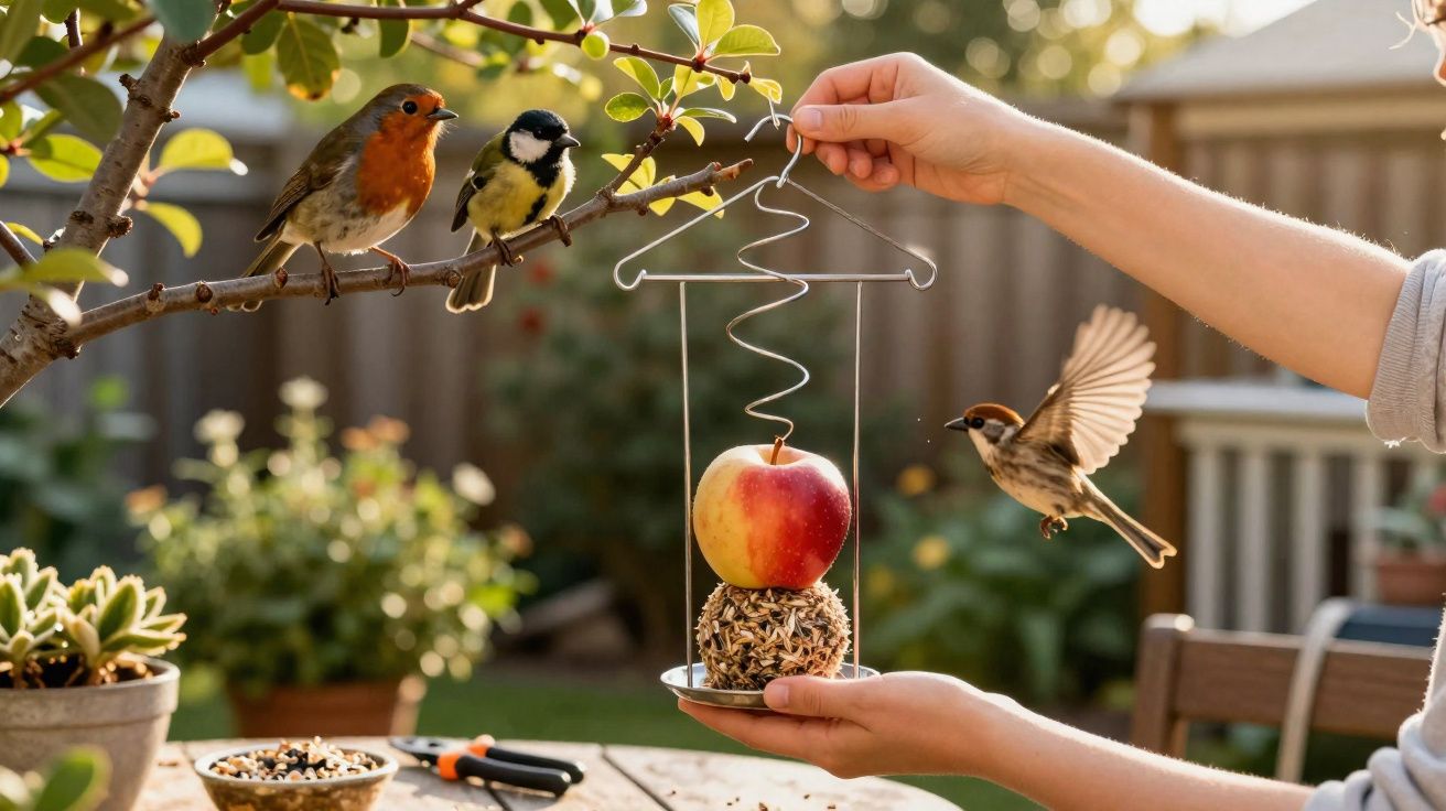 Pessoa a colocar comedouro com maçã e sementes para três pássaros num jardim ensolarado.
