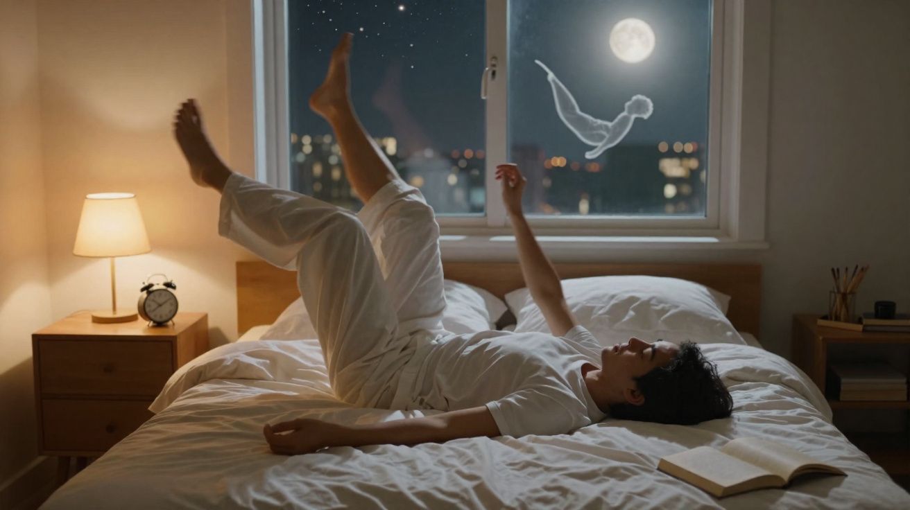 Homem deitado na cama, com figura luminosa a mergulhar em direção à lua cheia pela janela aberta.