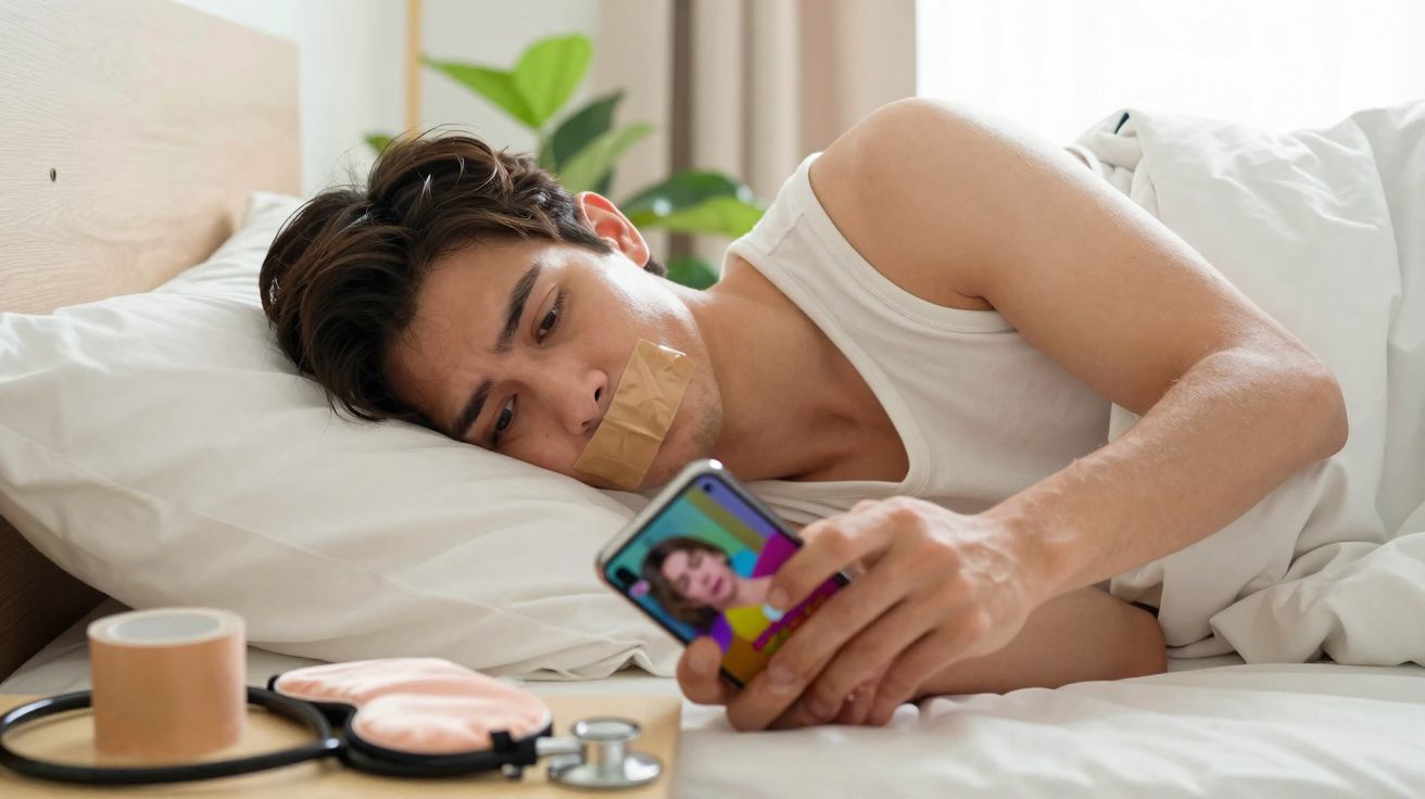Homem deitado na cama com fita adesiva na boca a olhar para o telemóvel, com estetoscópio e fita adesiva na mesa.