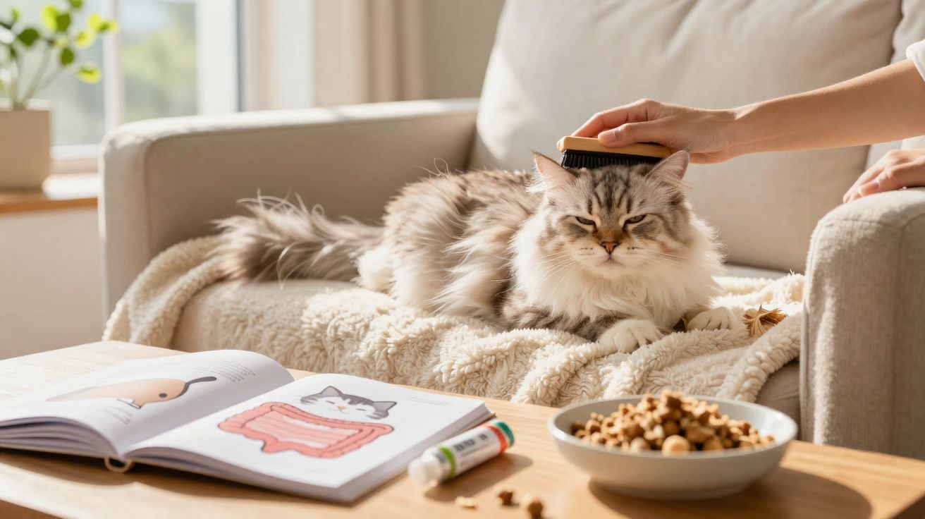 Gato cinza a ser escovado numa manta no sofá, com livro aberto e comida num prato à frente.
