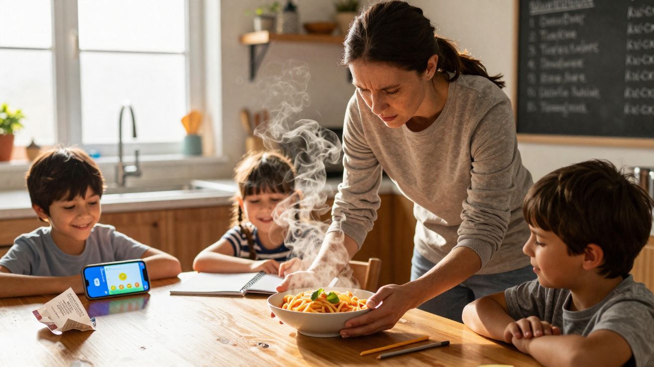 Mulher a servir prato de massa fumegante numa mesa com três crianças felizes à volta.