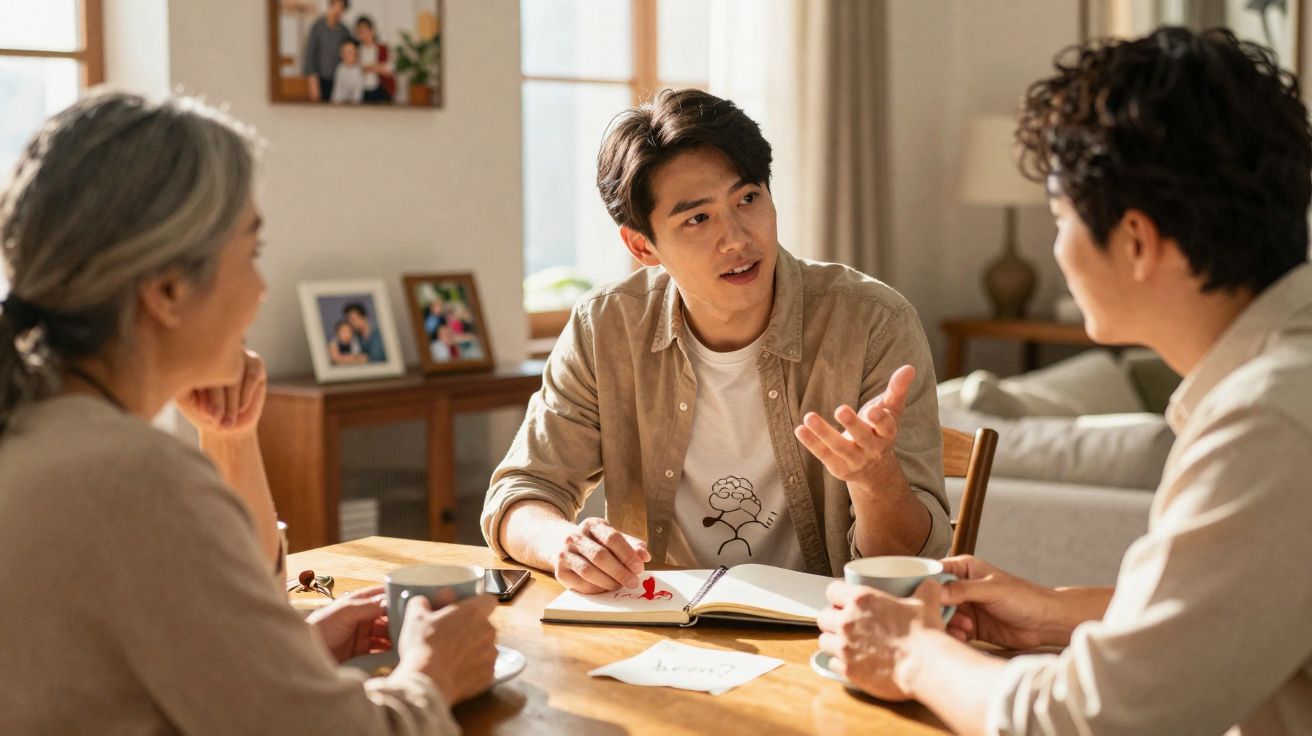 Três pessoas a conversar animadamente à mesa com cadernos e chá num ambiente acolhedor e iluminado.