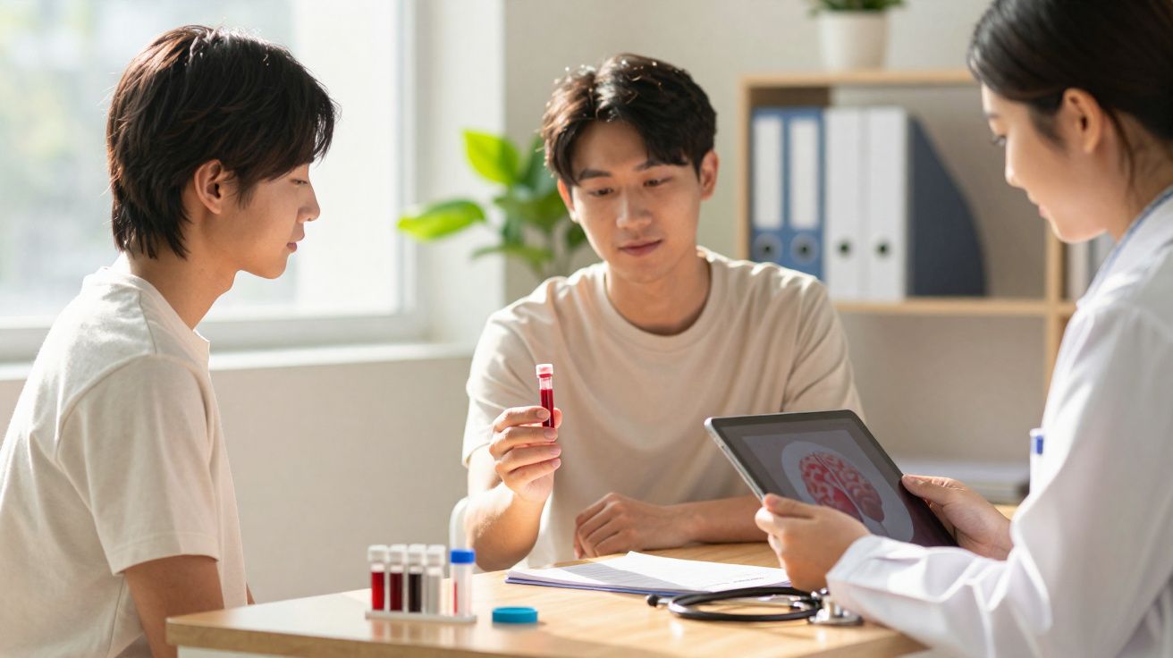 Dois jovens com amostras de sangue e médica a consultar imagens num tablet numa consulta médica.