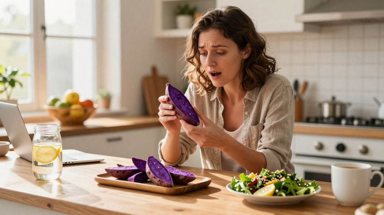 Mulher surpresa examina uma batata-doce roxa cortada na cozinha moderna.