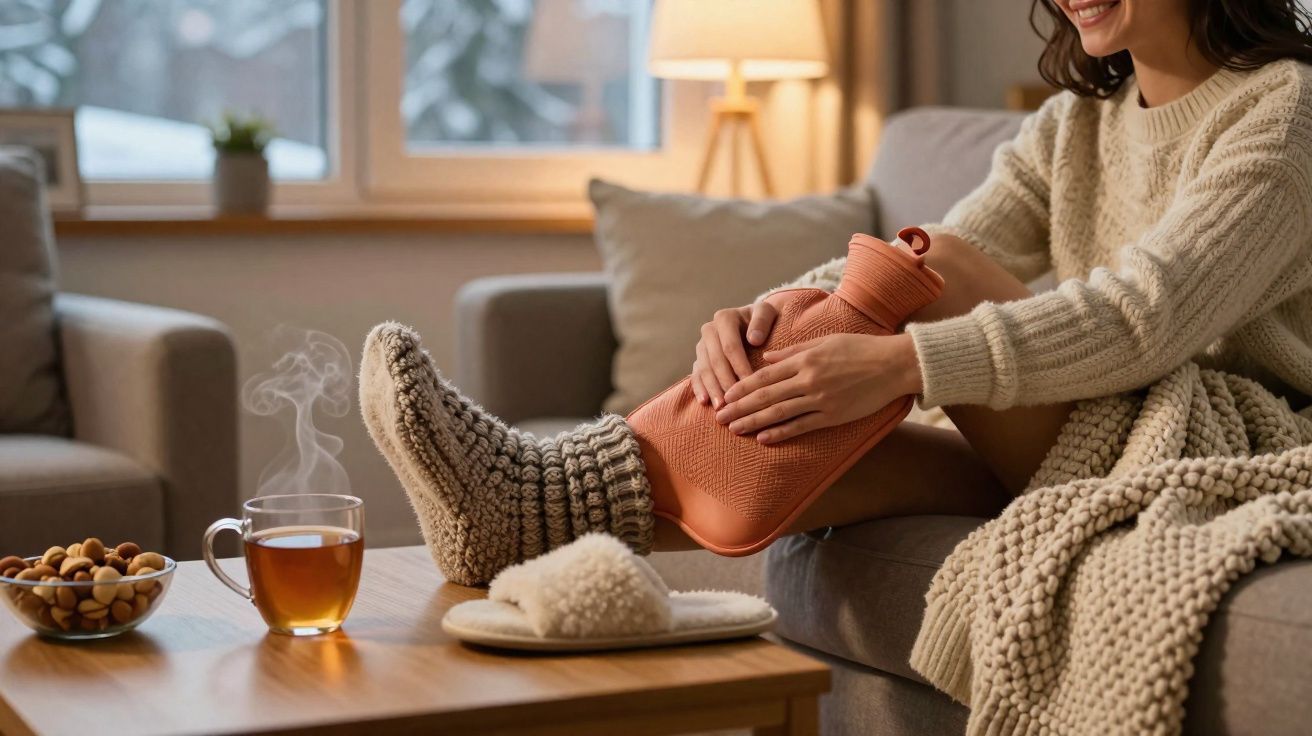 Mulher sentada no sofá a aquecer a perna com bolsa de água quente, chá e frutos secos numa sala acolhedora.