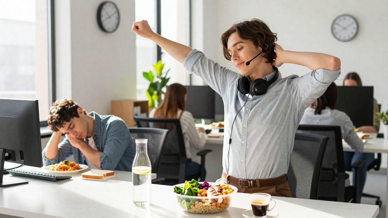 Jovem a espreguiçar-se com auriculares e microfone numa cozinha de escritório, colega ao fundo cansado.