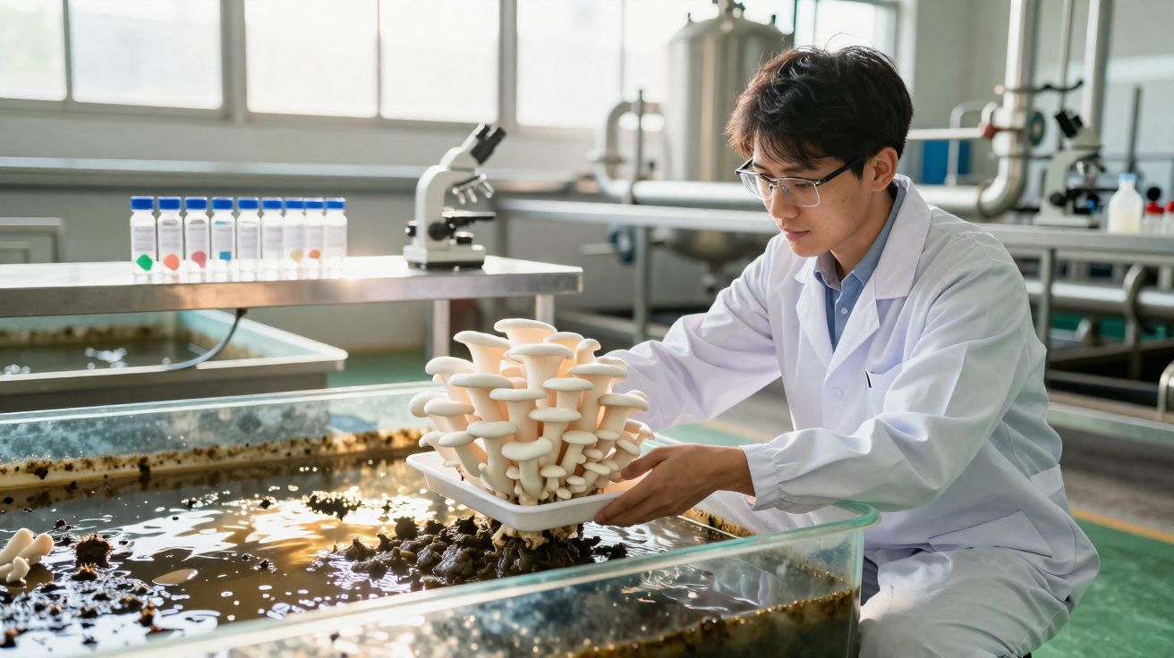 Cientista a cultivar cogumelos em laboratório moderno com microscópio e tubos de ensaio ao fundo.