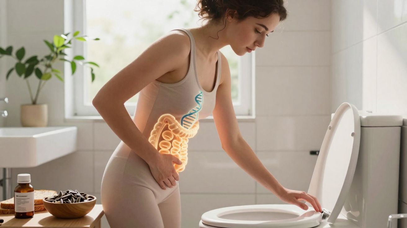 Mulher com dor abdominal em casa, segurando o estômago junto a sanita num ambiente de casa de banho iluminada.