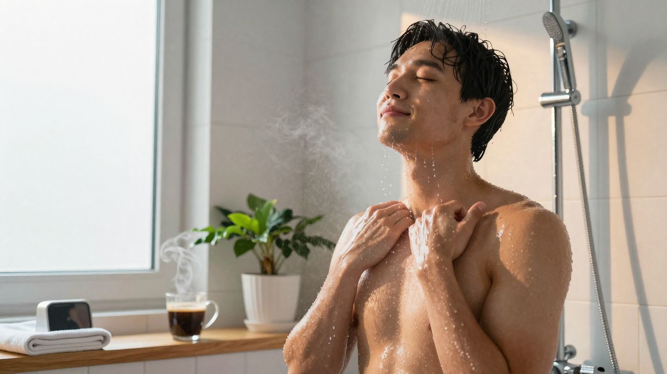 Homem relaxado a tomar duche com olhos fechados, luz natural e planta no parapeito da janela.