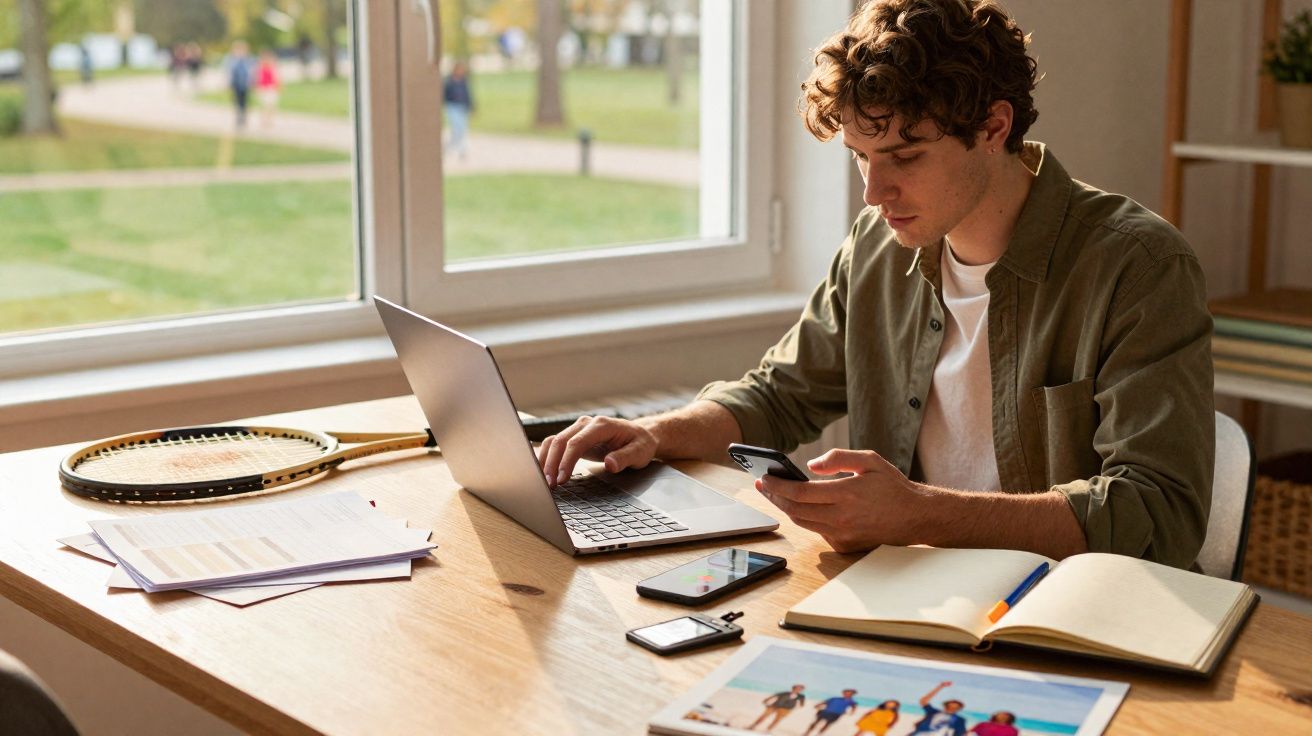 Jovem a trabalhar num computador portátil com telemóvel na mão, em frente a uma janela com vista para parque.