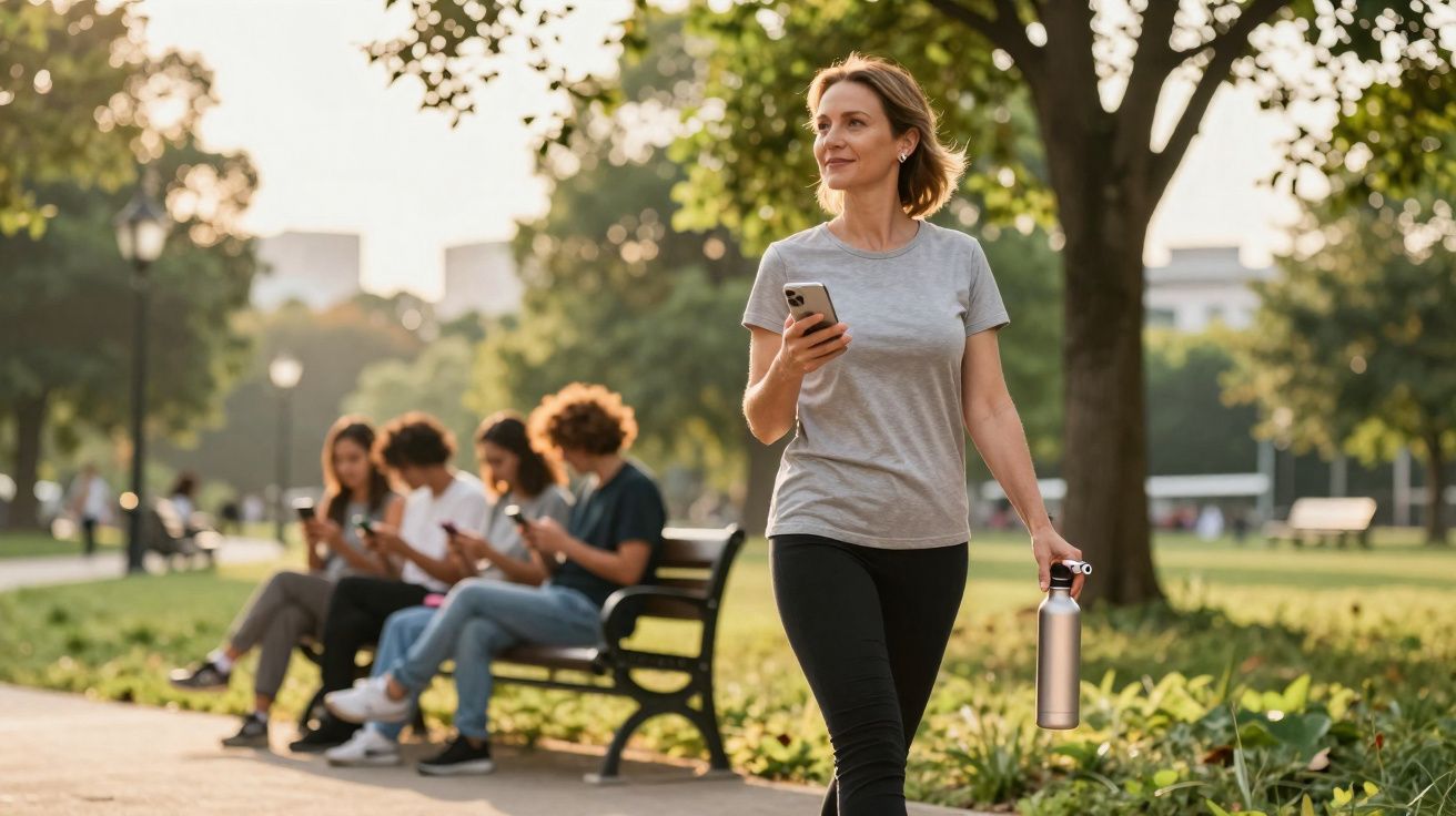 Mulher a caminhar num parque com garrafa de água na mão e telemóvel, enquanto grupo está sentado no banco ao fundo.