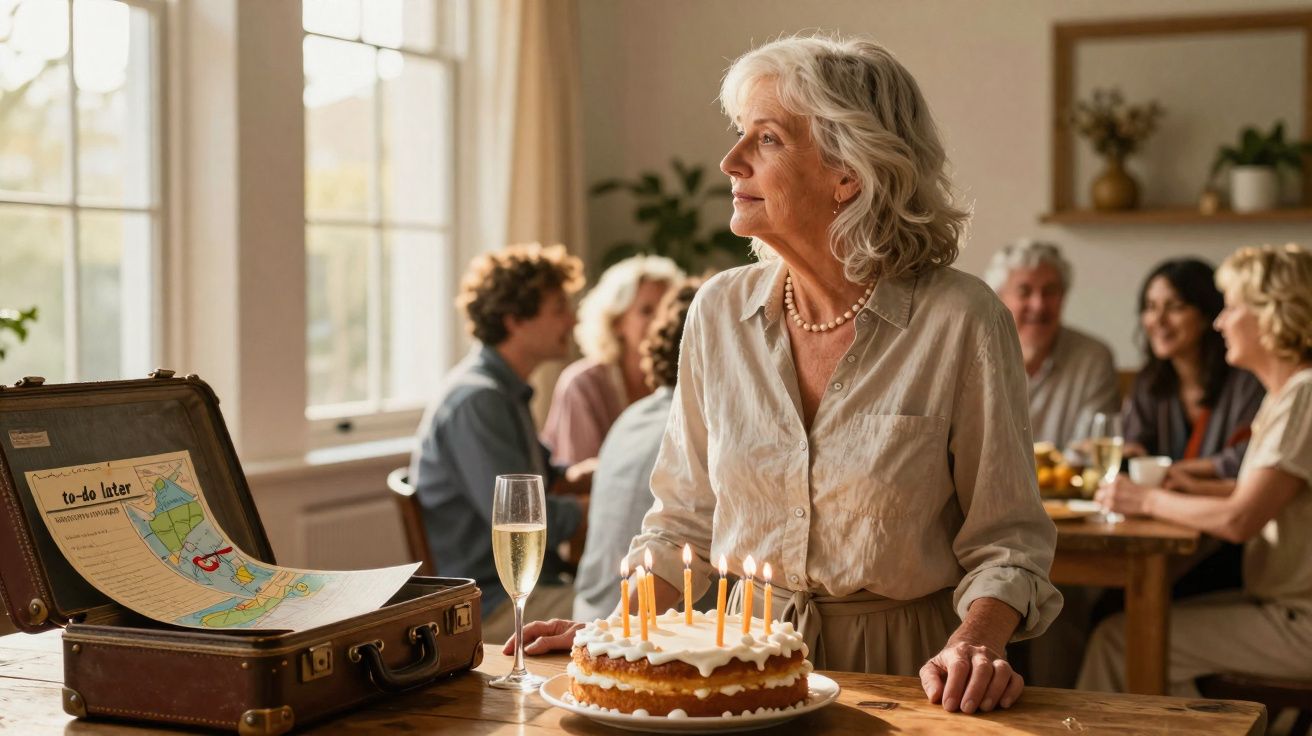 Mulher idosa com bolo de aniversário e vela acesas, família reunida e mala com mapa ao lado numa sala iluminada.