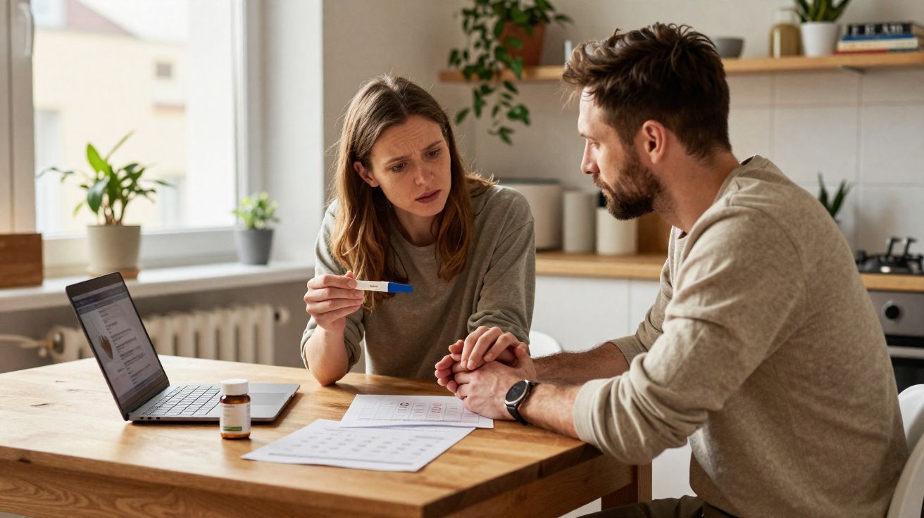 Casal preocupado a olhar para teste de gravidez positivo numa cozinha moderna.