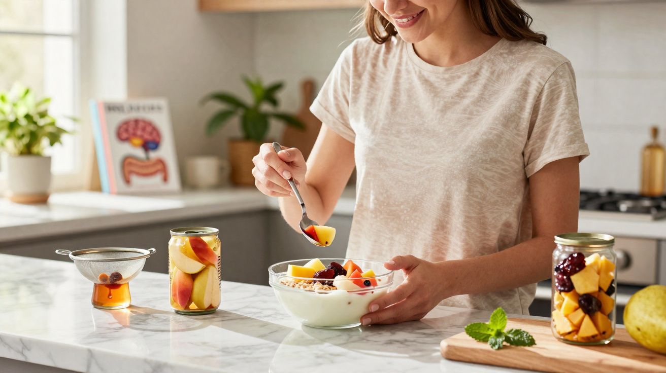 Mulher a sorrir enquanto coloca pedaços de fruta numa taça de iogurte com granola numa cozinha moderna.
