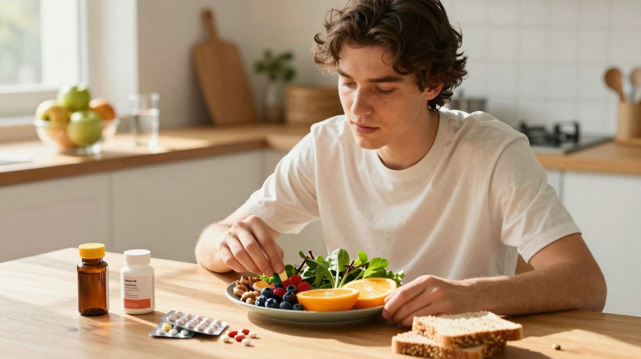 Jovem sentado à mesa a preparar um prato com frutas, folhas verdes e frutos secos, com suplementos ao lado.