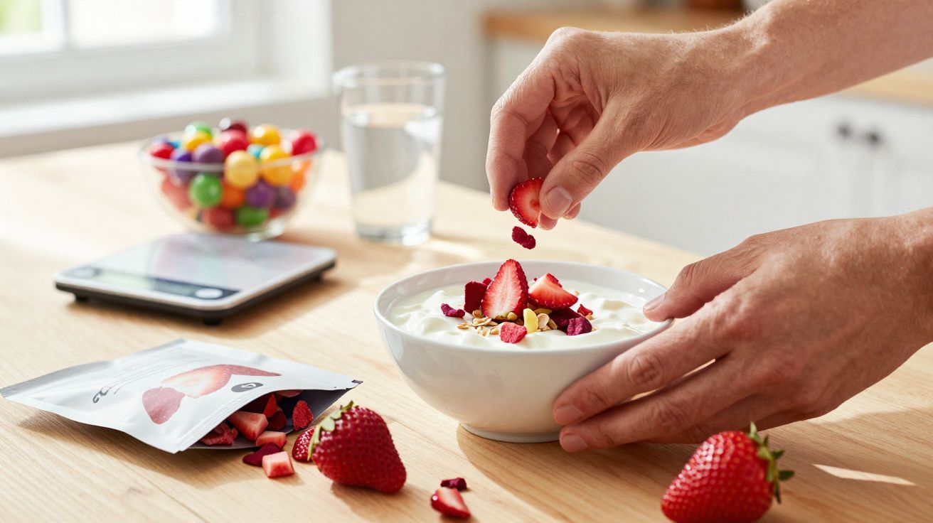 Mãos a colocar morangos cortados numa taça de iogurte com granola numa mesa de madeira iluminada.