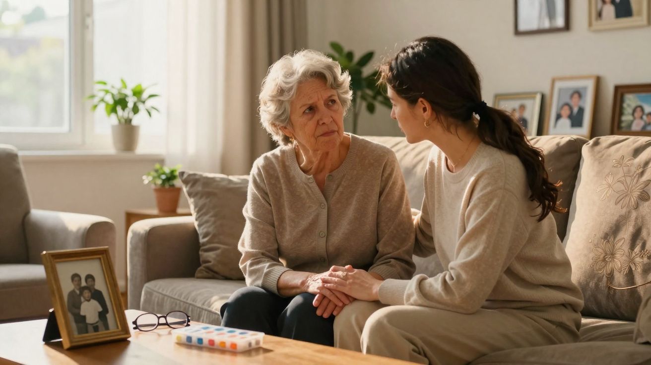 Mulher jovem conforta idosa preocupada sentadas no sofá numa sala acolhedora com fotos familiares.