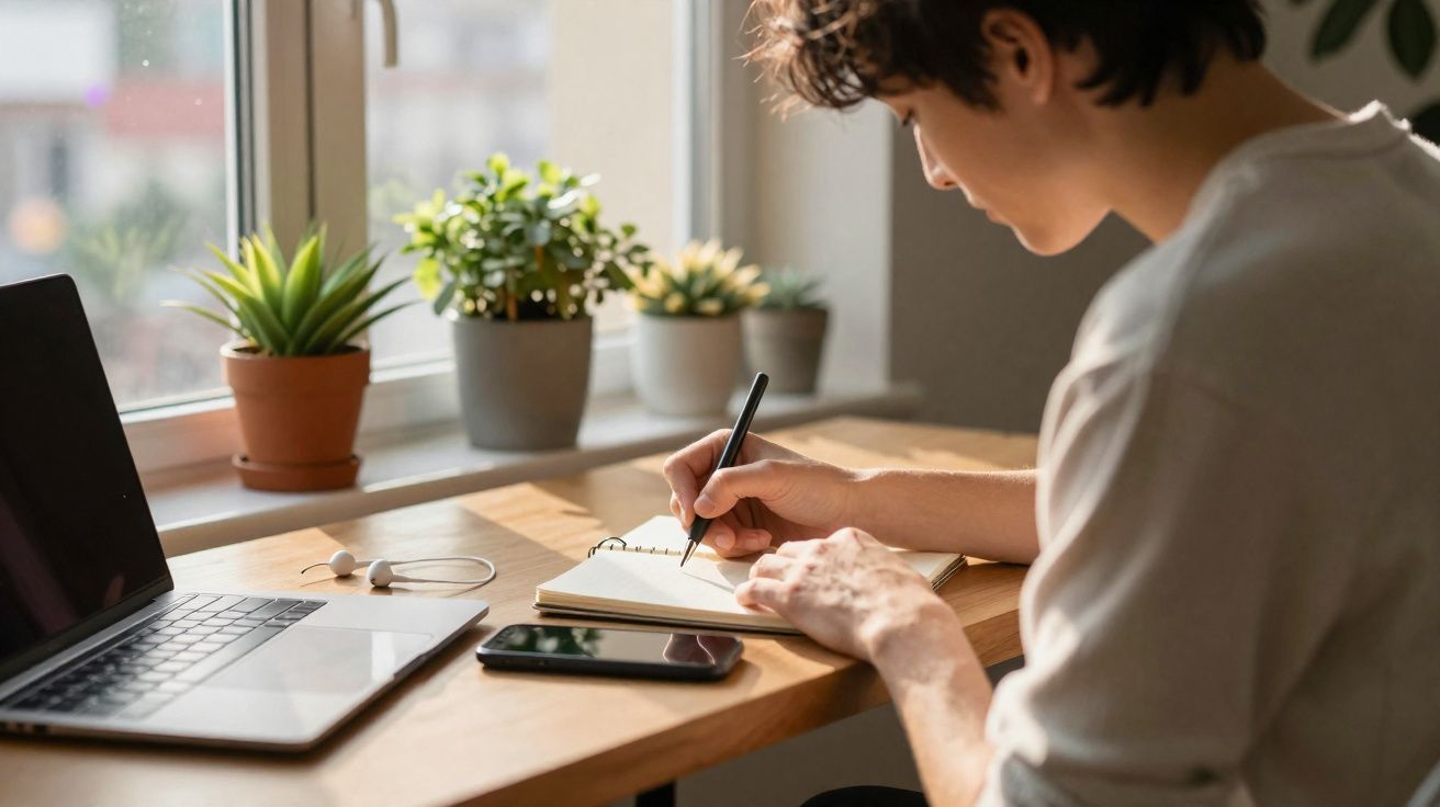 Pessoa a escrever num caderno junto a um computador portátil, com plantas na janela iluminada pelo sol.
