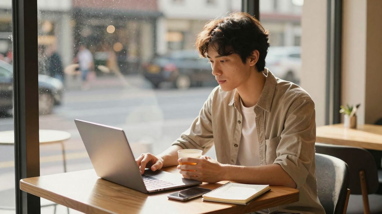 Jovem sentado numa mesa junto à janela a usar portátil, segurando uma chávena e com caderno e telemóvel à frente.