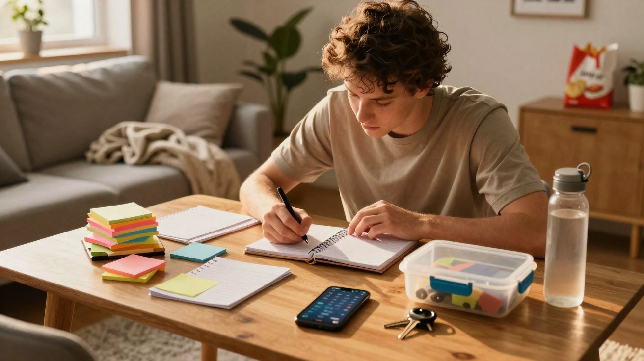Jovem sentado a estudar numa mesa com cadernos, blocos de notas, telemóvel e garrafa de água numa sala iluminada.