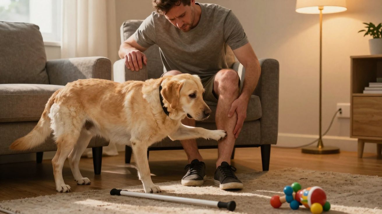 Homem sentado no sofá com cão labrador estendendo a pata num tapete com brinquedos espalhados.