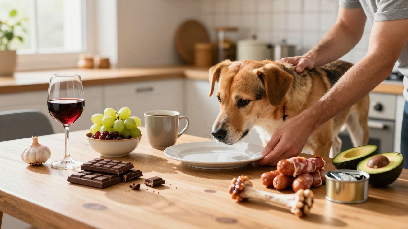Cão na cozinha com prato vazio enquanto pessoa o acaricia, rodeado de comida variada numa mesa de madeira.