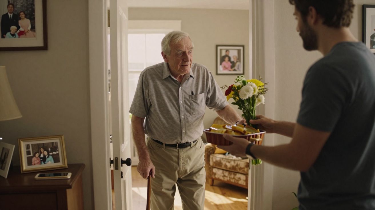 Homem idoso a receber flores e um bolo de um homem mais novo na entrada de uma casa acolhedora.