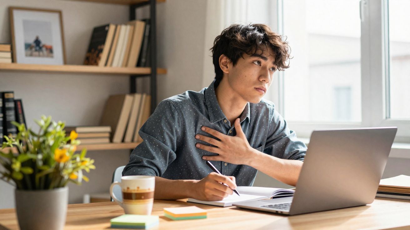 Jovem sentado a estudar com caderno e computador, olhando pensativo pela janela num quarto com estante e plantas.