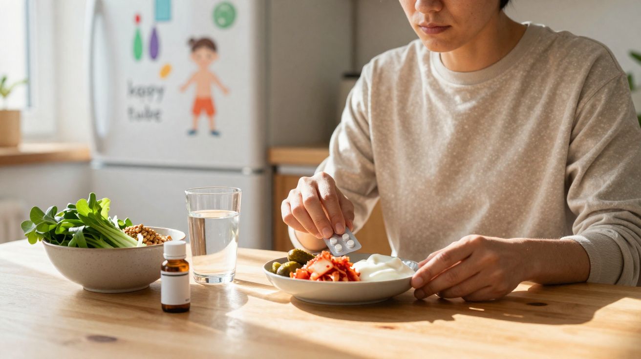 Pessoa sentada à mesa com prato de comida saudável, frascos de medicamentos e um copo de água.