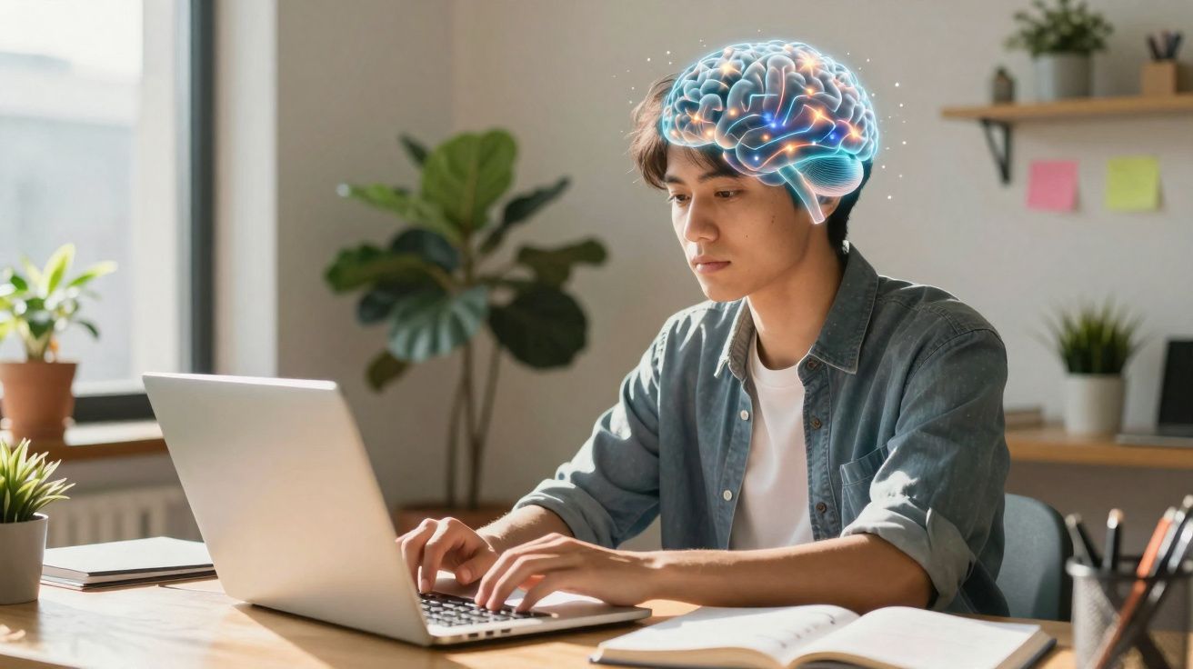 Jovem concentrado a trabalhar num laptop, com ilustração digital de cérebro iluminado sobre a cabeça.