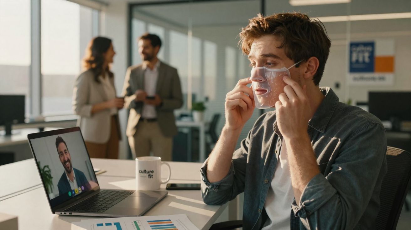 Homem a colocar máscara facial transparente sentado numa secretária de escritório com colegas ao fundo.