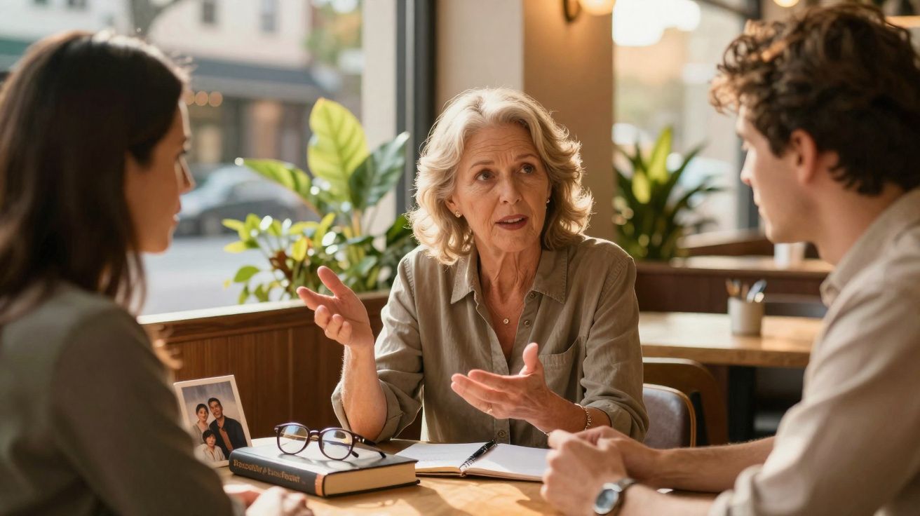 Mulher idosa conversa com casal jovem numa mesa com livros e cadernos numa sala iluminada.