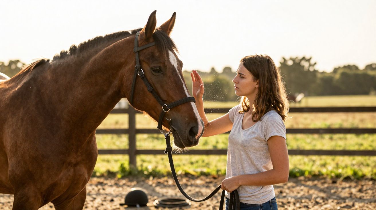 Mulher de camiseta cinza acalma e toca em cavalo castanho com brida numa cerca de madeira ao pôr do sol.