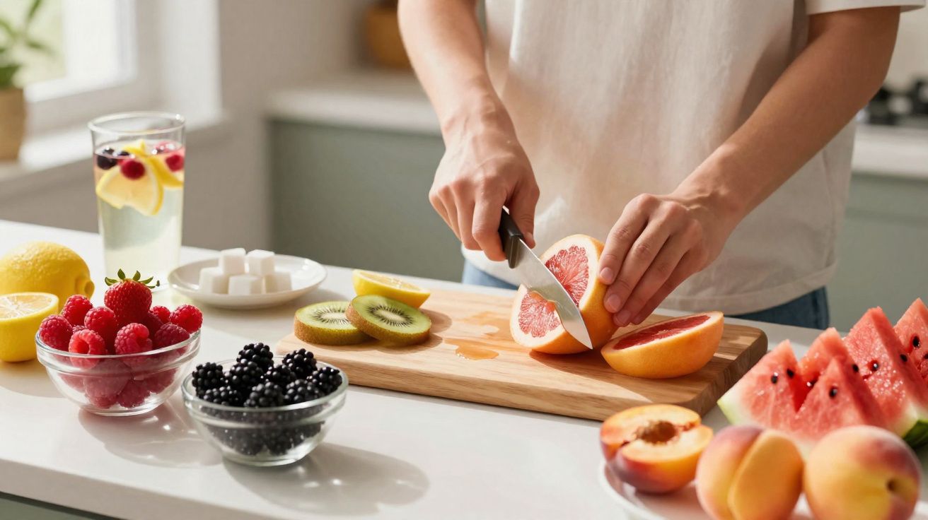 Pessoa a cortar toranja numa tábua, rodeada por taças de frutos vermelhos, kiwi, melancia e beberagem.