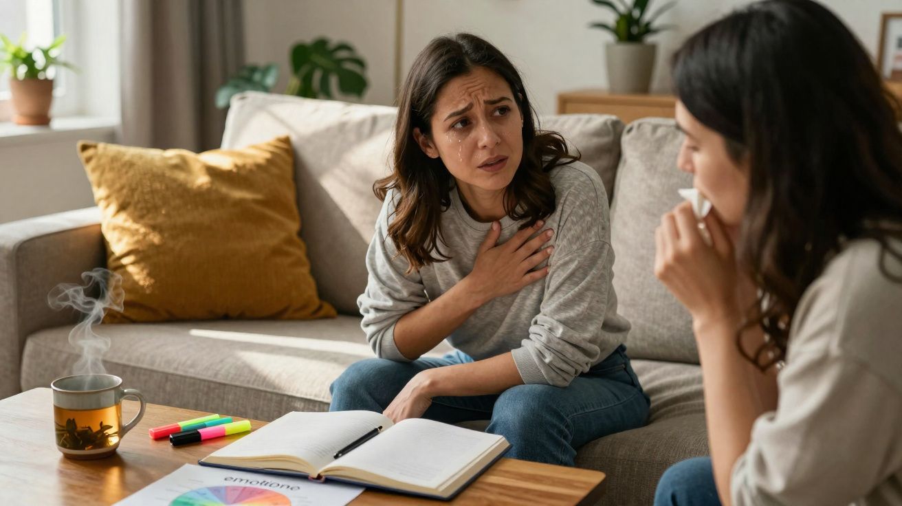 Duas mulheres sentadas no sofá, uma delas chora e parece angustiada enquanto a outra a conforta.