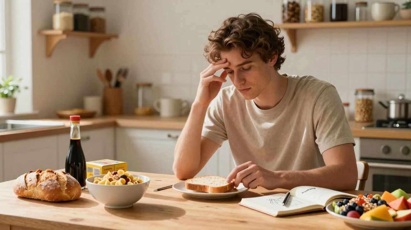 Jovem sentado numa cozinha a preparar uma sandes, rodeado de comida e um caderno aberto na mesa.