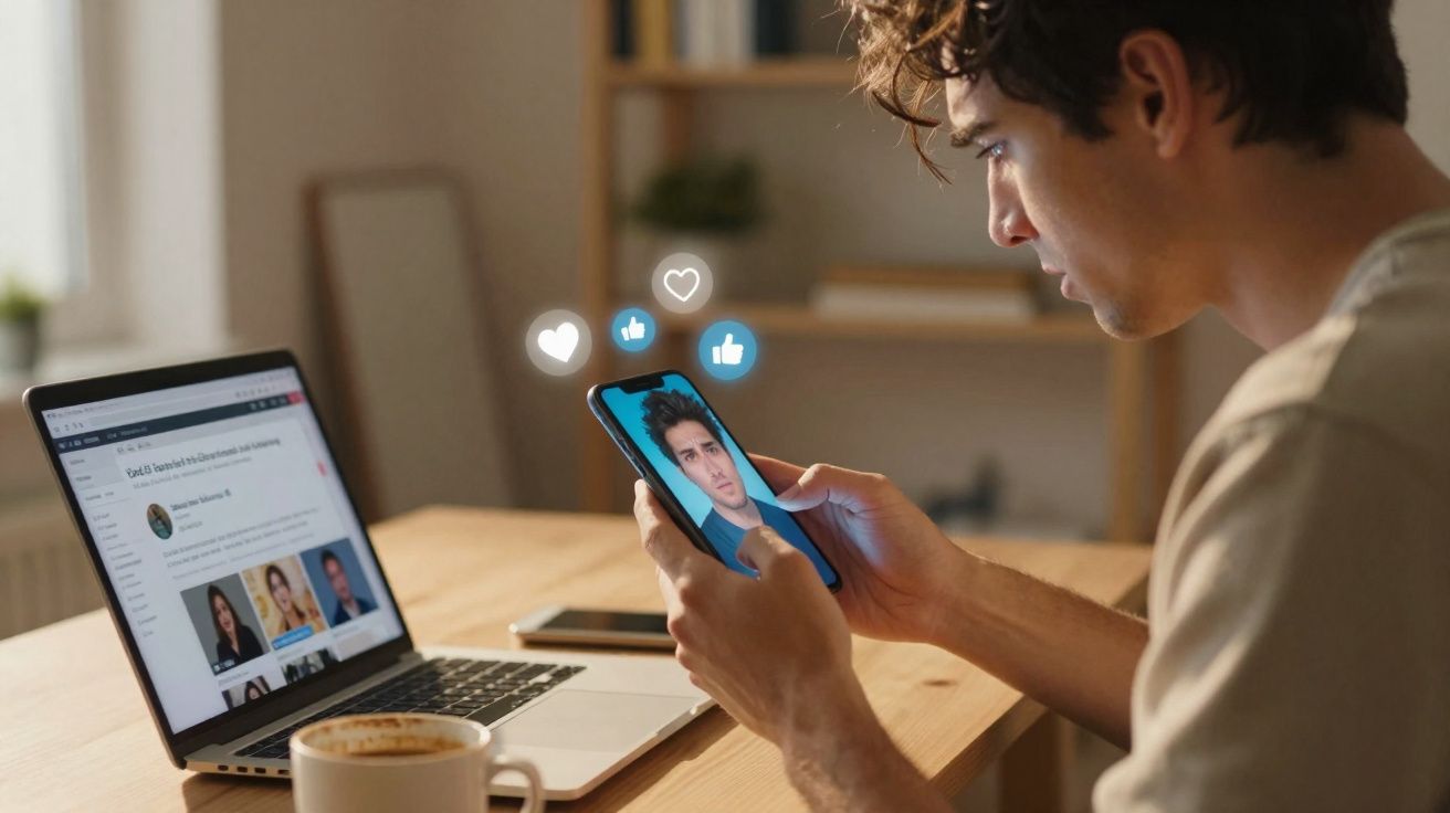 Homem jovem a usar telemóvel com ecrã de rede social, emojis de gostos e laptop aberto numa mesa.