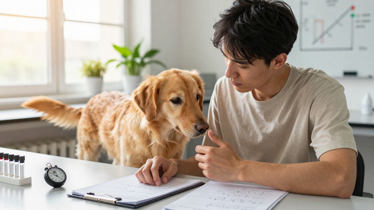 Homem sentado a estudar com um cão dourado ao seu lado, num ambiente luminoso e tranquilo.