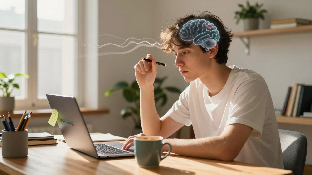 Jovem a trabalhar num portátil, com ilustração do cérebro e ondas a saírem da cabeça.