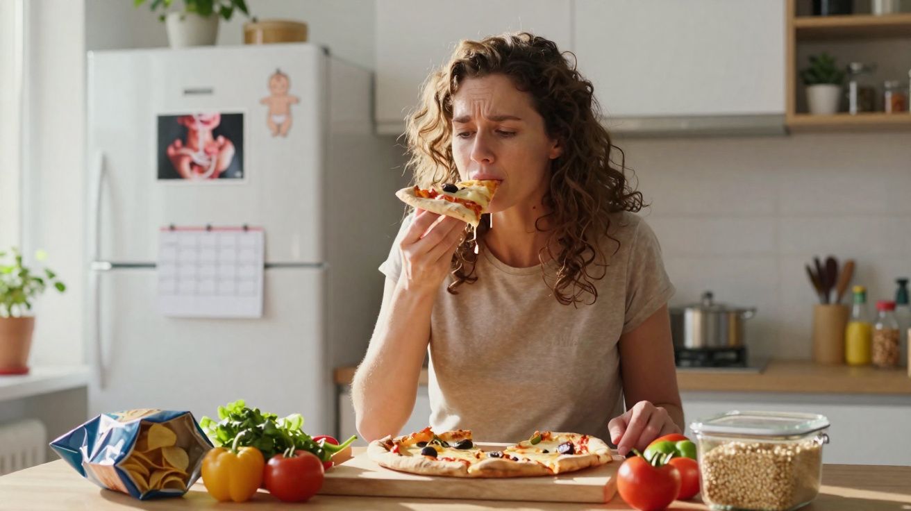 Mulher com expressão desconfortável prova uma fatia de pizza numa cozinha luminosa.
