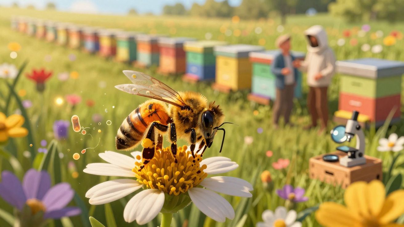Abelha a recolher pólen numa flor branca, com colmeias e duas pessoas ao fundo num campo florido.